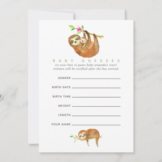 かわいい水の色ナマケモノをテーマにした赤ちゃんシャワー推測 招待状 (正面)