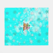 かわいい水の色フクロウと雪の結晶ティール（緑がかった色）クリスマス フリースブランケット (正面(横))