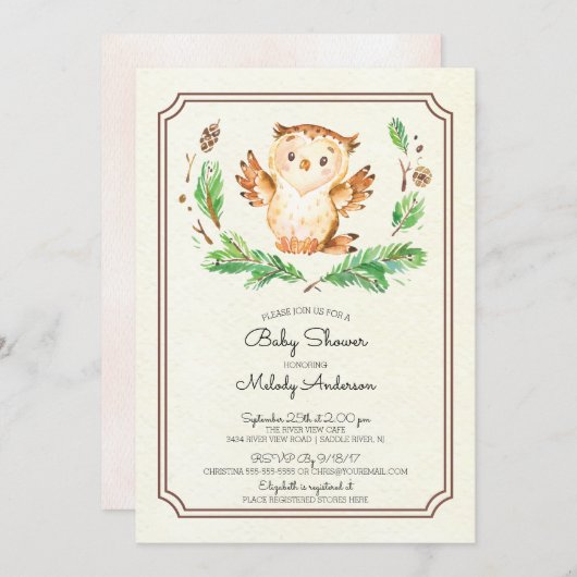かわいい水の色フクロウニュートラルベビーシャワー招待状 招待状 (正面/裏面)