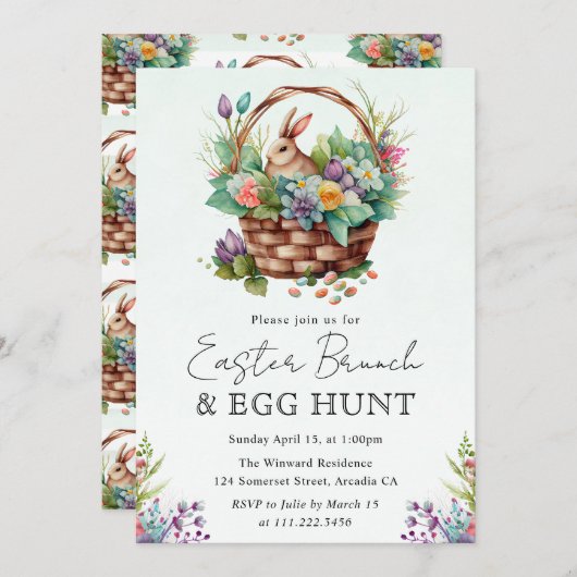 かわいい水の色フローライースターバスケットとバニー 招待状 (正面/裏面)