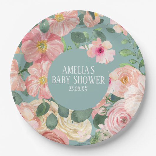 かわいい水の色フローラボホシック女の子の赤ちゃんシャワー ペーパープレート (正面)