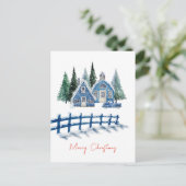 かわいい水の色ブルーハウスカーメリークリスマス シーズンポストカード (スタンド正面)