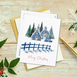 かわいい水の色ブルーハウスカーメリークリスマス シーズンポストカード