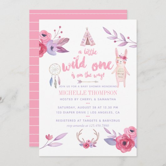 かわいい水の色ボホトライバルガール赤ちゃんシャワー 招待状 (正面/裏面)