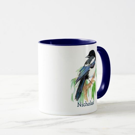 かわいい水の色マグパイガーデンバード自然アート マグカップ (正面右)