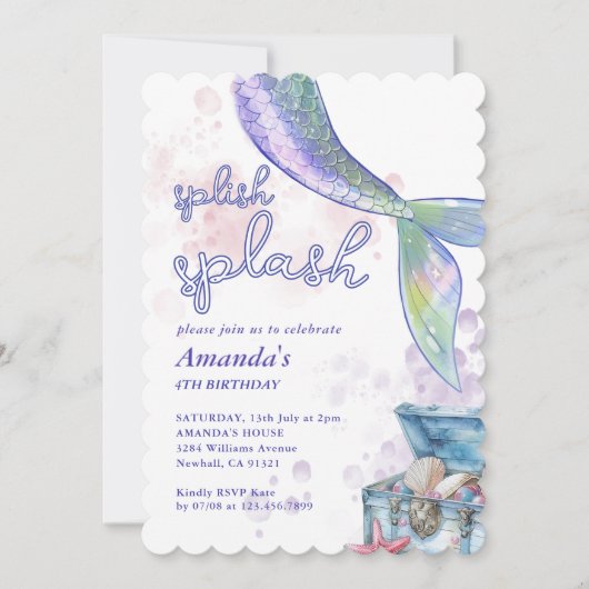 かわいい水の色マーメイド誕生日プールパーティー 招待状 (正面)
