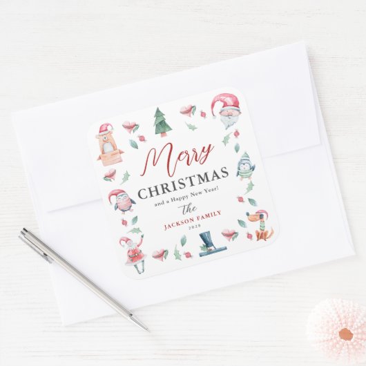 かわいい水の色メリーパーソナライズされたクリスマス スクエアシール (封筒)