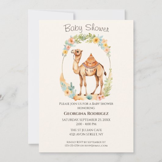 かわいい水の色ラクダ赤ちゃんシャワー 招待状 (正面)