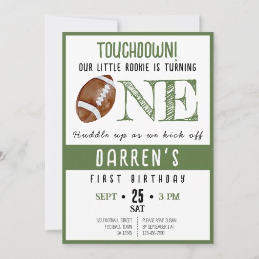 かわいい水の色ルーキーサッカー第1誕生日 招待状 (正面)