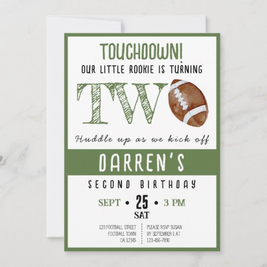 かわいい水の色ルーキーサッカー第2誕生日 招待状 (正面)