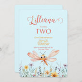 かわいい水の色ワイルドフラワードラゴンフライ女の子誕生日 招待状 (正面/裏面)