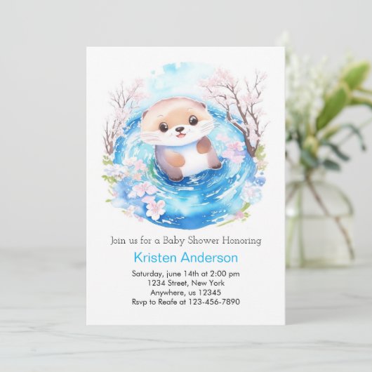 かわいい水の色ワンダーランドオッターボーイ赤ちゃんシャワー 招待状 (スタンド正面)
