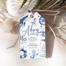 かわいい水の色航海の男の子のシャワーのお願い ギフトタグ