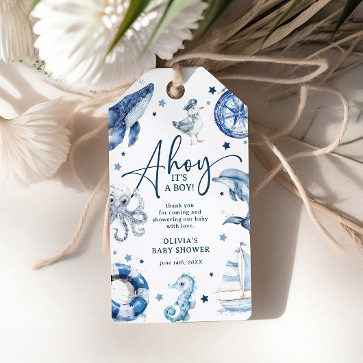 かわいい水の色航海の男の子のシャワーのお願い ギフトタグ