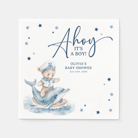 かわいい水の色航海の男の子シャワー スタンダードカクテルナプキン (正面)