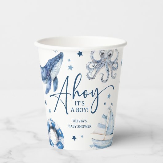 かわいい水の色航海の男の子シャワー 紙コップ (正面)