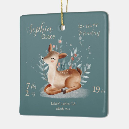 かわいい水の色鹿ベビー誕生統計と写真 セラミックオーナメント (左)