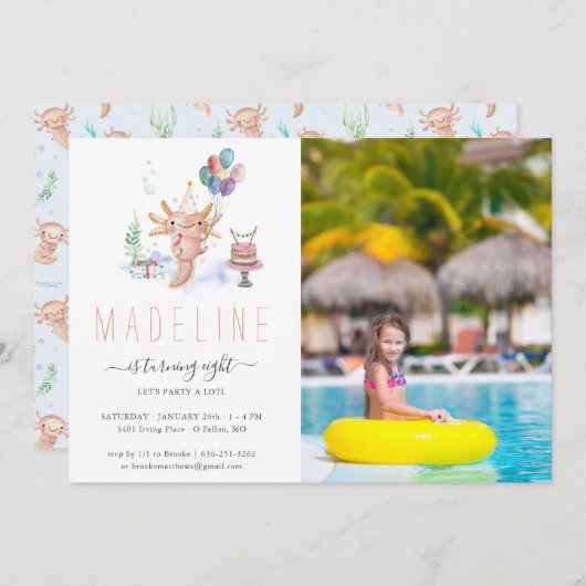 かわいい水の色Axolotl誕生日パーティー写真の招待 招待状 (正面/裏面)