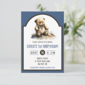 かわいい水の色Tedクマ誕生日パーティー 招待状 (スタンド正面)