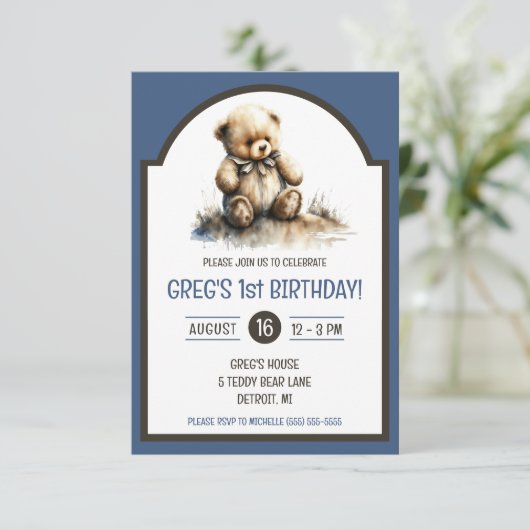 かわいい水の色Tedクマ誕生日パーティー 招待状 (スタンド正面)