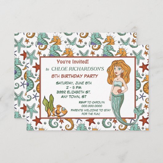 かわいい水上人魚の誕生日パーティーの招待状 招待状 (正面/裏面)