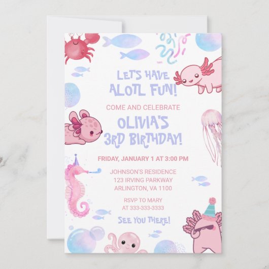 かわいい水中アクソロトルキッズピンクおもしろい誕生日 招待状 (正面)