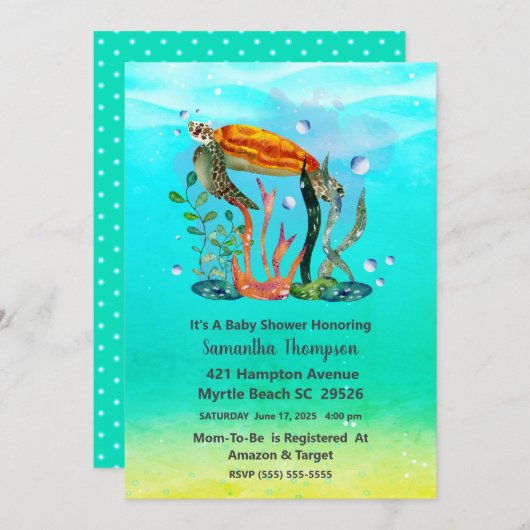 かわいい水中ウミガメ赤ちゃんシャワー 招待状 (正面/裏面)