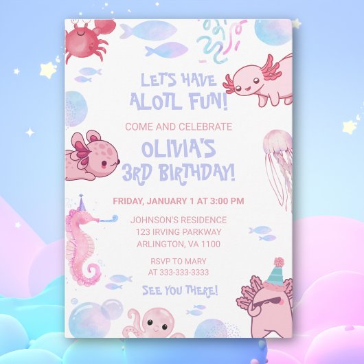 かわいい水中ウーパールーパー 子供のピンクの楽しい誕生日 招待状