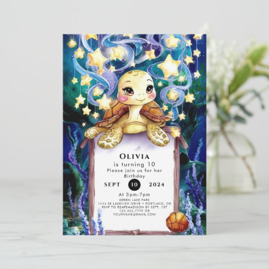 かわいい水中カメ誕生日 招待状 (スタンド正面)