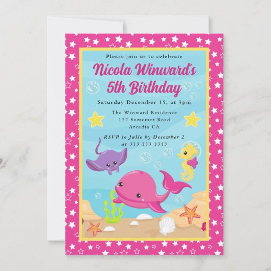かわいい水中クジラの子供の誕生日 招待状 (正面)