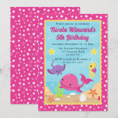 かわいい水中クジラの子供の誕生日 招待状 (正面/裏面)