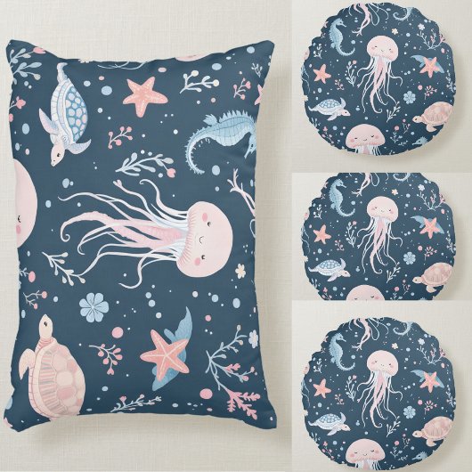 かわいい水中クラゲとウミガメのパターン クッション