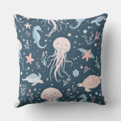 かわいい水中クラゲとウミガメのパターン クッション (裏面)