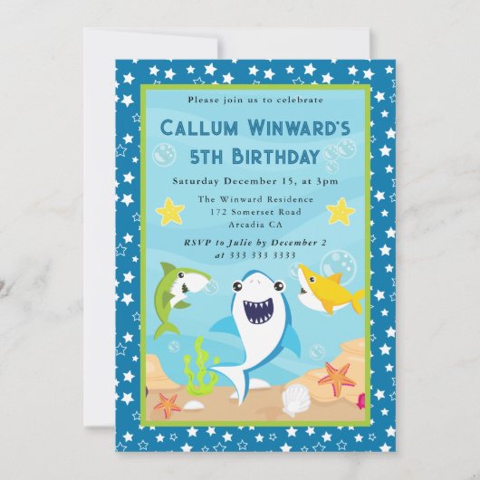 かわいい水中サメの子供の誕生日 招待状 (正面)