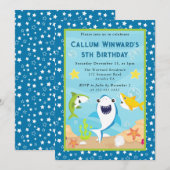 かわいい水中サメの子供の誕生日 招待状 (正面/裏面)