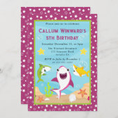 かわいい水中サメ子供の誕生日 招待状 (正面/裏面)
