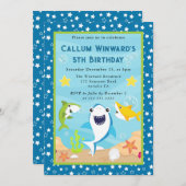 かわいい水中サメ子供の誕生日 招待状 (正面/裏面)