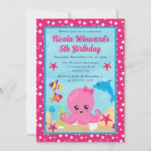 かわいい水中タコの子供の誕生日 招待状 (正面)