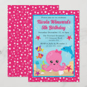 かわいい水中タコの子供の誕生日 招待状 (正面/裏面)
