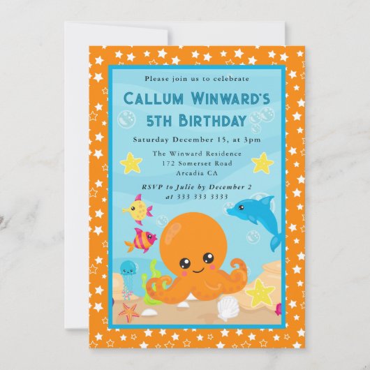 かわいい水中タコの子供の誕生日 招待状 (正面)