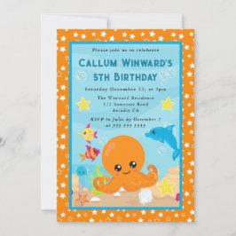 かわいい水中タコの子供の誕生日 招待状
