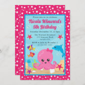 かわいい水中タコ子供の誕生日 招待状 (正面/裏面)