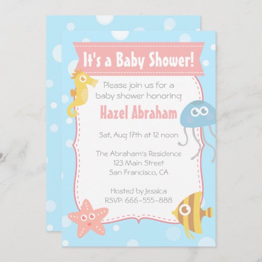 かわいい水中テーマベビーシャワー招待状 招待状 (正面/裏面)