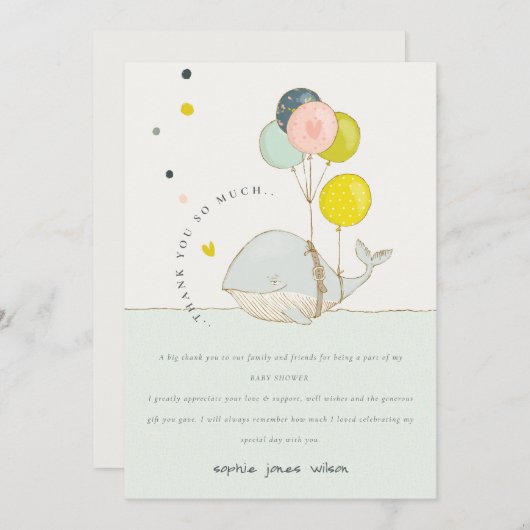 かわいい水中バルーンハートクジラの赤ちゃんシャワー サンキューカード (正面/裏面)