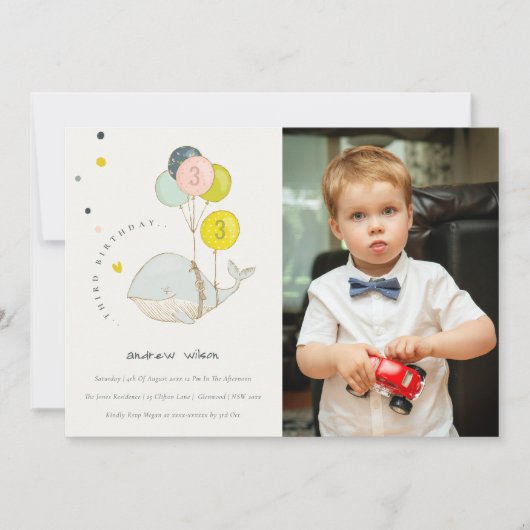 かわいい水中ホエールフォト子供の誕生日招待状 サンキューカード (正面)