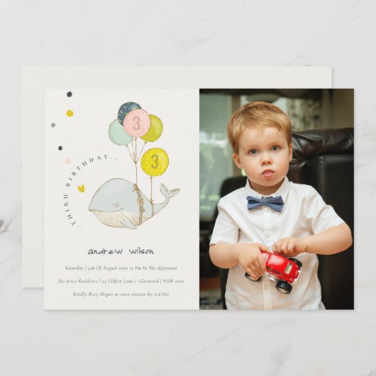 かわいい水中ホエールフォト子供の誕生日招待状 サンキューカード (正面/裏面)