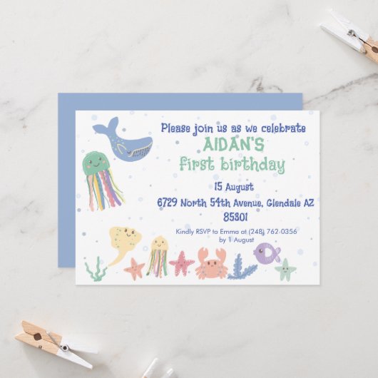 かわいい水中ワールドファースト誕生日 招待状 (正面/裏面インサイチュ)