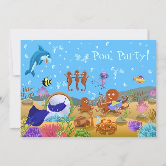 かわいい水中ワールドプールパーティー 招待状 (正面)
