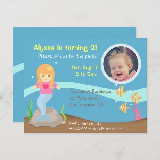 かわいい水中人魚の女の子の誕生会の写真 招待状 (正面/裏面)
