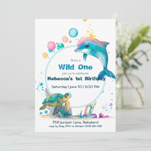 かわいい水中最初の誕生日 招待状 (スタンド正面)